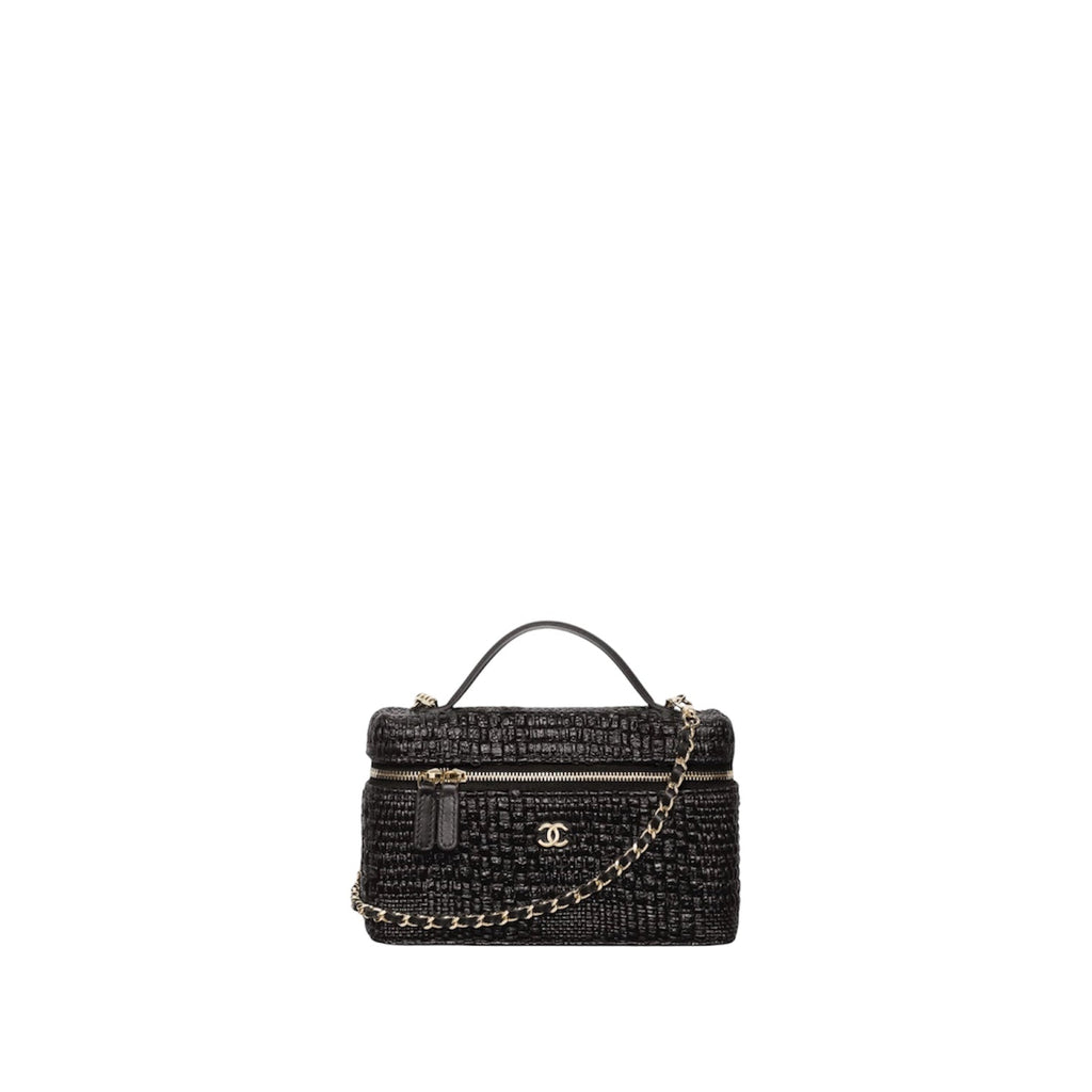 Chanel Classic Vanity Case w/ Chain Black Braided Raffia and Gold