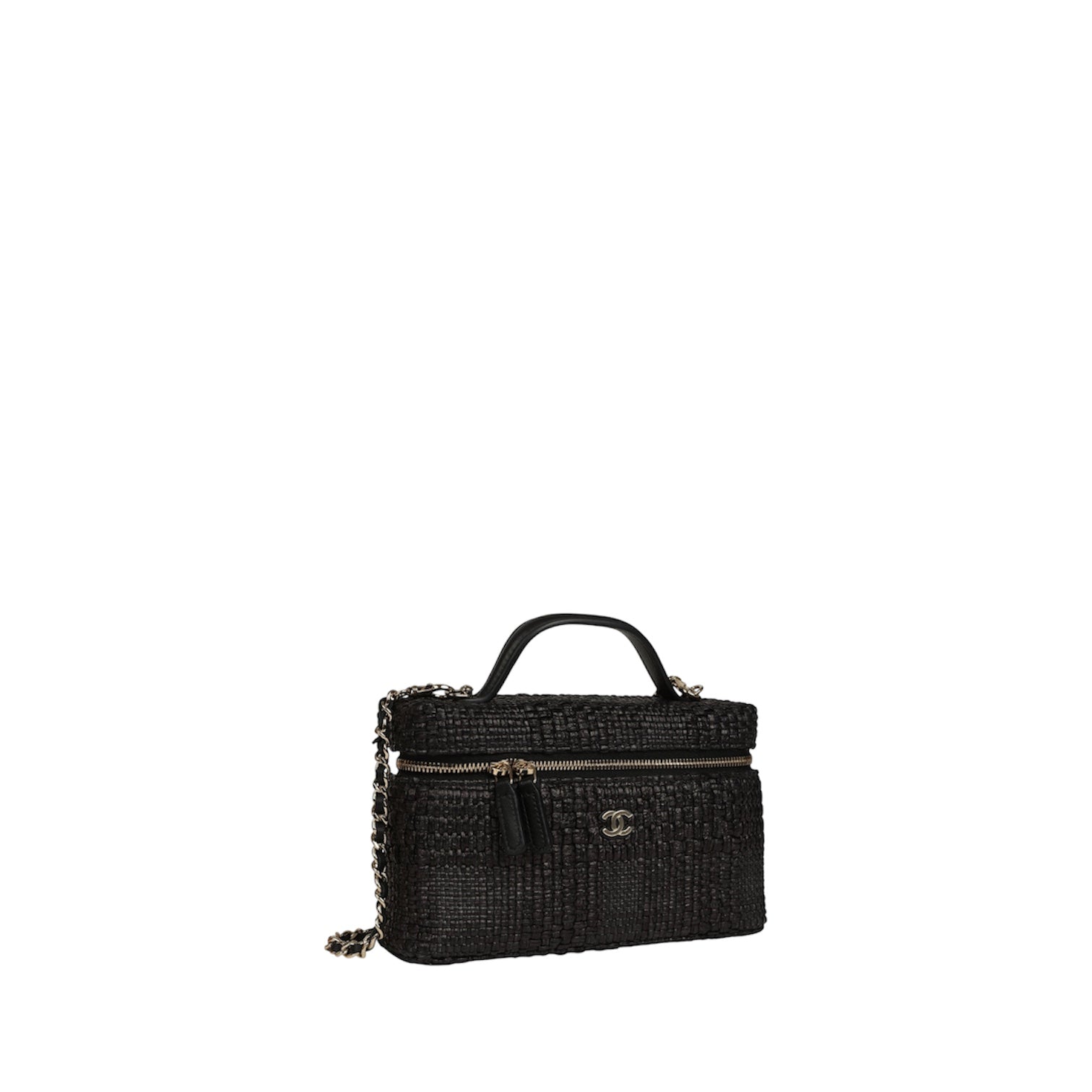 Chanel Classic Vanity Case w/ Chain Black Braided Raffia and Gold