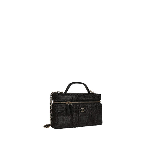 Chanel Classic Vanity Case w/ Chain Black Braided Raffia and Gold