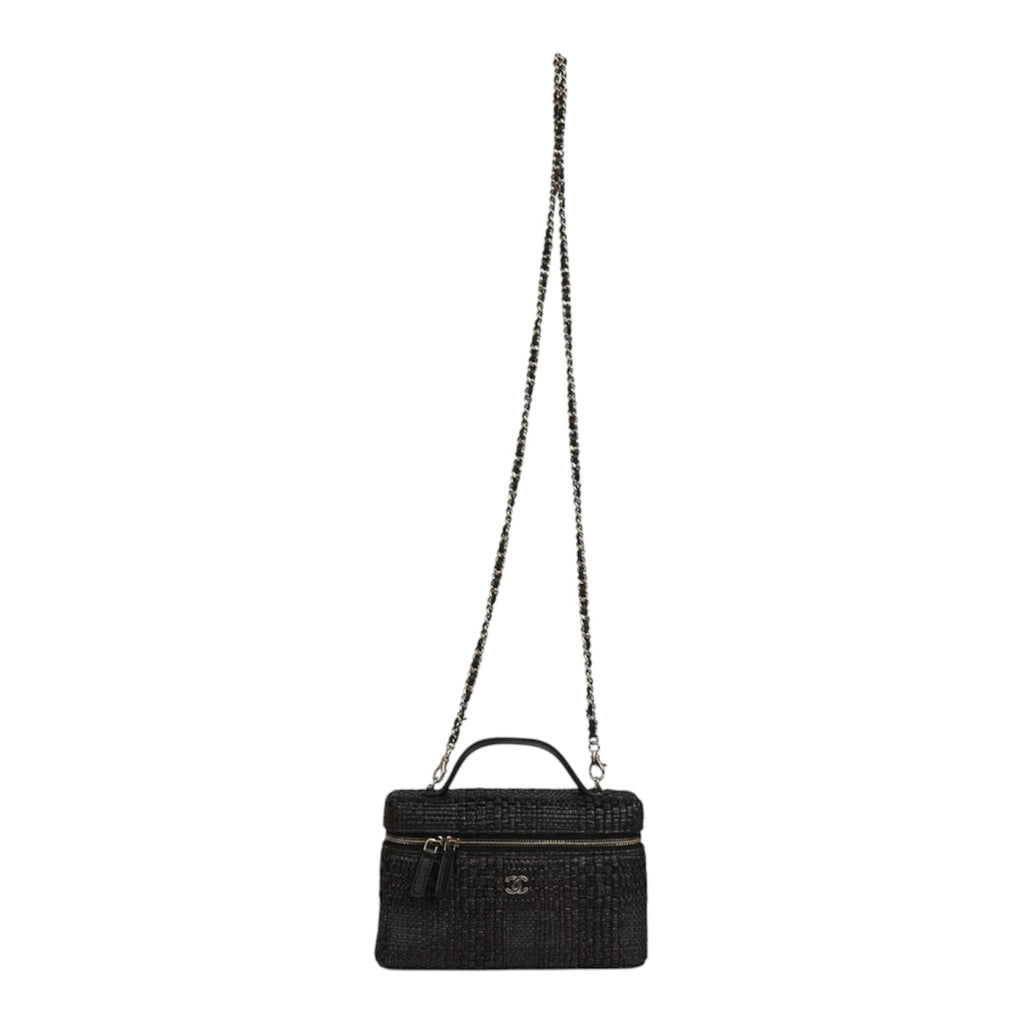 Chanel Classic Vanity Case w/ Chain Black Braided Raffia and Gold